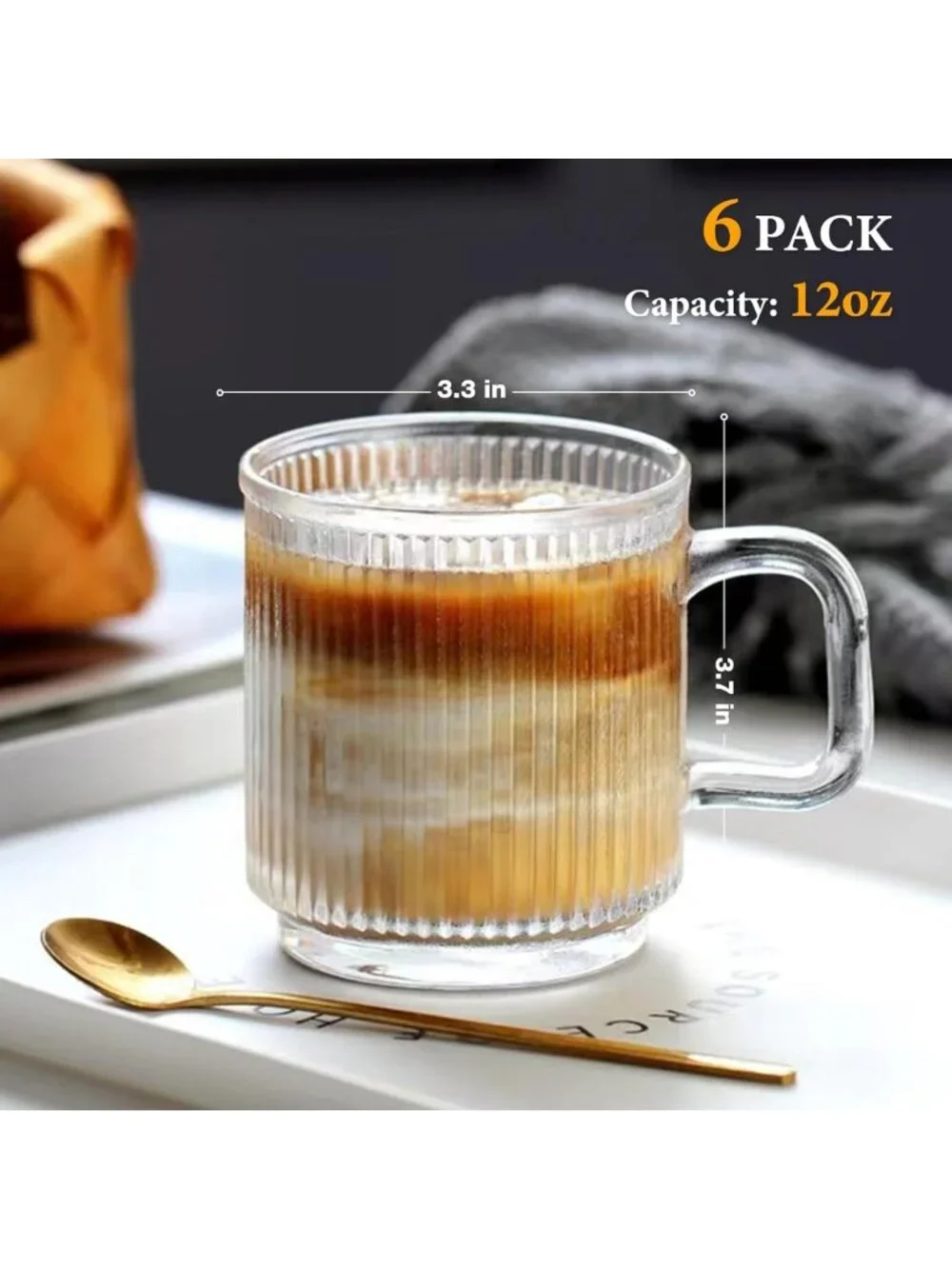 6-Pack Premium Glass Coffee Mugs Set, 12oz Striped Tea Cups for Hot/Cold Drinks